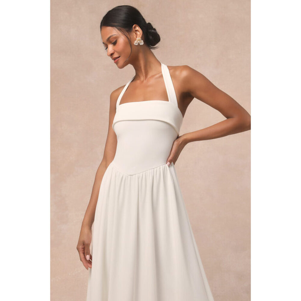 Lulus Telia White Halter Basque Waist Maxi Dress - Size M